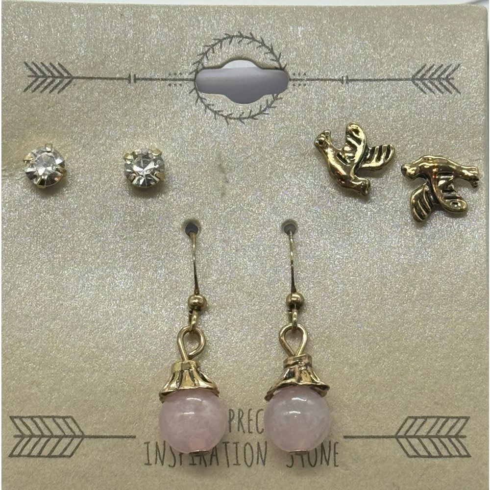 3 Pairs Semi Precious stone Gold Tone Post Earrings